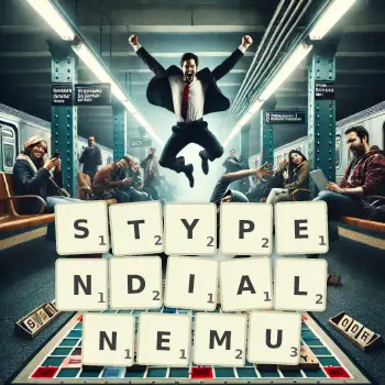 Kreatywna ilustracja do gry w Scrabble ze słowem STYPENDIALNEMU ułożonym z płytek na planszy.