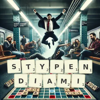 Kreatywna ilustracja do gry w Scrabble ze słowem STYPENDIAMI ułożonym z płytek na planszy.