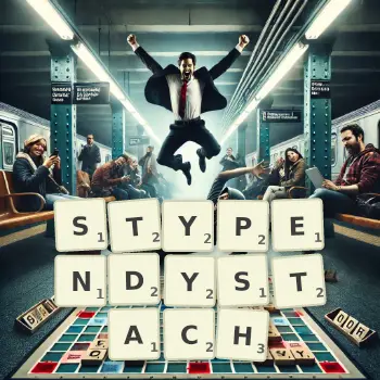 Kreatywna ilustracja do gry w Scrabble ze słowem STYPENDYSTACH ułożonym z płytek na planszy.