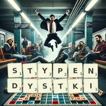 Kreatywna ilustracja do gry w Scrabble ze słowem STYPENDYSTKI ułożonym z płytek na planszy.