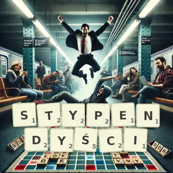 Kreatywna ilustracja do gry w Scrabble ze słowem STYPENDYŚCI ułożonym z płytek na planszy.
