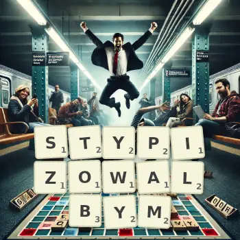 Kreatywna ilustracja do gry w Scrabble ze słowem STYPIZOWALBYM ułożonym z płytek na planszy.