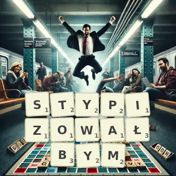 Kreatywna ilustracja do gry w Scrabble ze słowem STYPIZOWAŁBYM ułożonym z płytek na planszy.