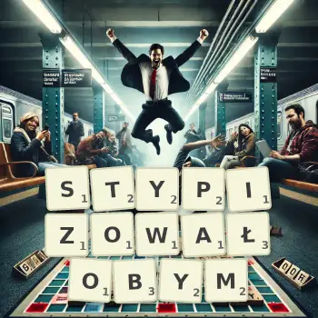 Kreatywna ilustracja do gry w Scrabble ze słowem STYPIZOWAŁOBYM ułożonym z płytek na planszy.