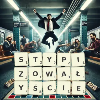 Kreatywna ilustracja do gry w Scrabble ze słowem STYPIZOWAŁYŚCIE ułożonym z płytek na planszy.