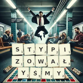 Kreatywna ilustracja do gry w Scrabble ze słowem STYPIZOWAŁYŚMY ułożonym z płytek na planszy.