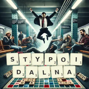 Kreatywna ilustracja do gry w Scrabble ze słowem STYPOIDALNA ułożonym z płytek na planszy.