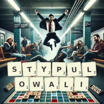 Kreatywna ilustracja do gry w Scrabble ze słowem STYPULOWALI ułożonym z płytek na planszy.