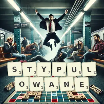 Kreatywna ilustracja do gry w Scrabble ze słowem STYPULOWANE ułożonym z płytek na planszy.