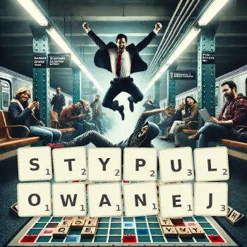 Kreatywna ilustracja do gry w Scrabble ze słowem STYPULOWANEJ ułożonym z płytek na planszy.