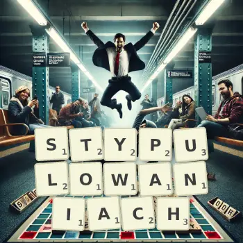 Kreatywna ilustracja do gry w Scrabble ze słowem STYPULOWANIACH ułożonym z płytek na planszy.