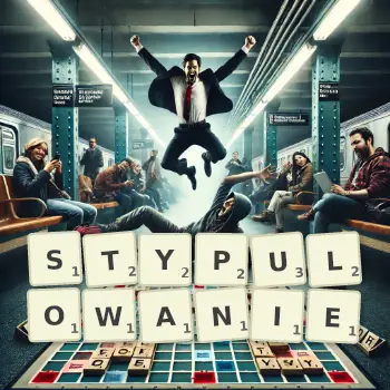 Kreatywna ilustracja do gry w Scrabble ze słowem STYPULOWANIE ułożonym z płytek na planszy.