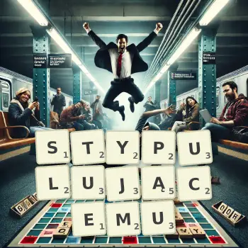 Kreatywna ilustracja do gry w Scrabble ze słowem STYPULUJĄCEMU ułożonym z płytek na planszy.
