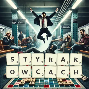 Kreatywna ilustracja do gry w Scrabble ze słowem STYRAKOWCACH ułożonym z płytek na planszy.