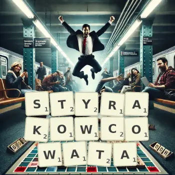 Kreatywna ilustracja do gry w Scrabble ze słowem STYRAKOWCOWATA ułożonym z płytek na planszy.