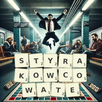 Kreatywna ilustracja do gry w Scrabble ze słowem STYRAKOWCOWATE ułożonym z płytek na planszy.