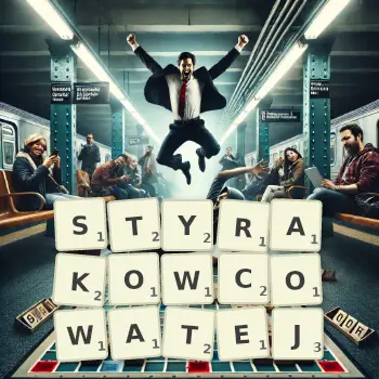 Kreatywna ilustracja do gry w Scrabble ze słowem STYRAKOWCOWATEJ ułożonym z płytek na planszy.
