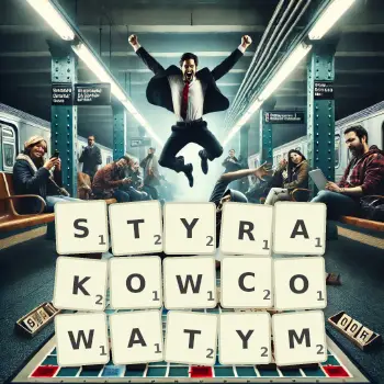 Kreatywna ilustracja do gry w Scrabble ze słowem STYRAKOWCOWATYM ułożonym z płytek na planszy.