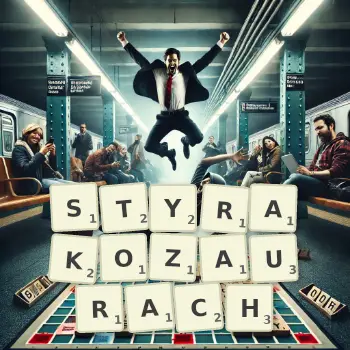 Kreatywna ilustracja do gry w Scrabble ze słowem STYRAKOZAURACH ułożonym z płytek na planszy.
