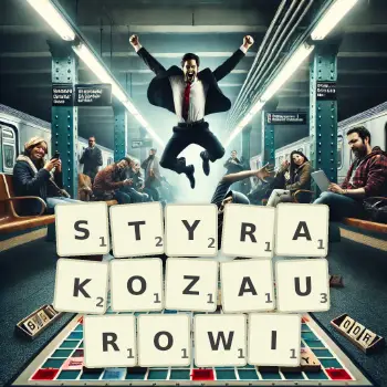 Kreatywna ilustracja do gry w Scrabble ze słowem STYRAKOZAUROWI ułożonym z płytek na planszy.