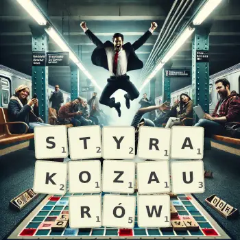 Kreatywna ilustracja do gry w Scrabble ze słowem STYRAKOZAURÓW ułożonym z płytek na planszy.