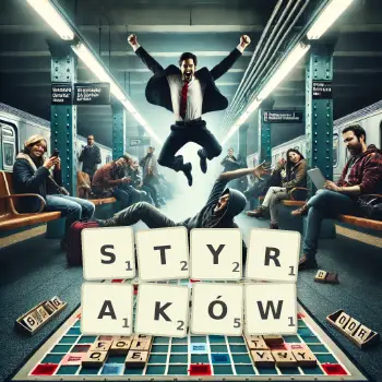 Kreatywna ilustracja do gry w Scrabble ze słowem STYRAKÓW ułożonym z płytek na planszy.