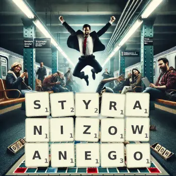 Kreatywna ilustracja do gry w Scrabble ze słowem STYRANIZOWANEGO ułożonym z płytek na planszy.