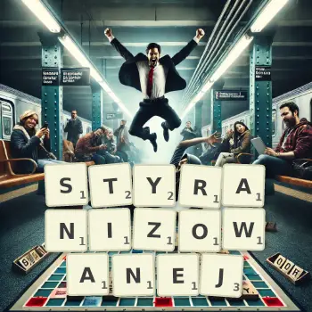 Kreatywna ilustracja do gry w Scrabble ze słowem STYRANIZOWANEJ ułożonym z płytek na planszy.