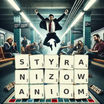 Kreatywna ilustracja do gry w Scrabble ze słowem STYRANIZOWANIOM ułożonym z płytek na planszy.