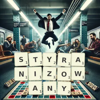 Kreatywna ilustracja do gry w Scrabble ze słowem STYRANIZOWANY ułożonym z płytek na planszy.