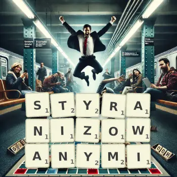 Kreatywna ilustracja do gry w Scrabble ze słowem STYRANIZOWANYMI ułożonym z płytek na planszy.