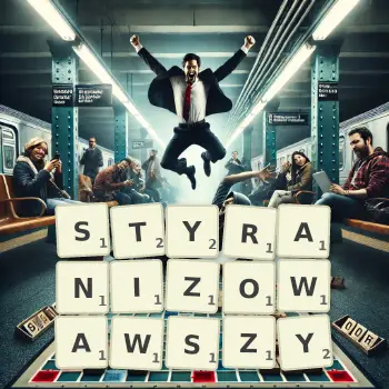Kreatywna ilustracja do gry w Scrabble ze słowem STYRANIZOWAWSZY ułożonym z płytek na planszy.