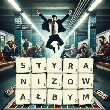 Kreatywna ilustracja do gry w Scrabble ze słowem STYRANIZOWAŁBYM ułożonym z płytek na planszy.