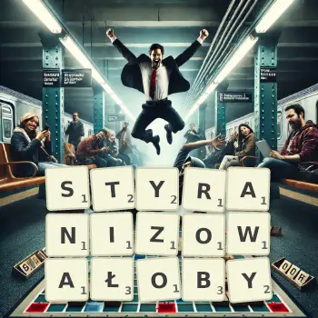 Kreatywna ilustracja do gry w Scrabble ze słowem STYRANIZOWAŁOBY ułożonym z płytek na planszy.