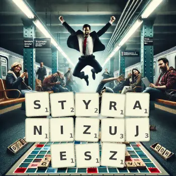 Kreatywna ilustracja do gry w Scrabble ze słowem STYRANIZUJESZ ułożonym z płytek na planszy.