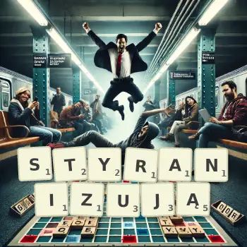 Kreatywna ilustracja do gry w Scrabble ze słowem STYRANIZUJĄ ułożonym z płytek na planszy.