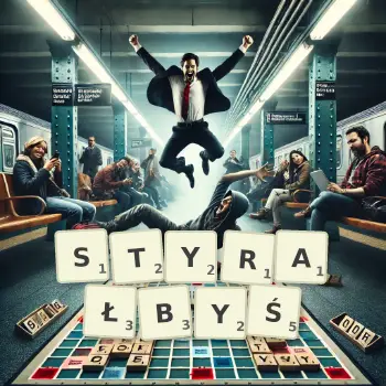 Kreatywna ilustracja do gry w Scrabble ze słowem STYRAŁBYŚ ułożonym z płytek na planszy.