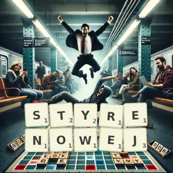 Kreatywna ilustracja do gry w Scrabble ze słowem STYRENOWEJ ułożonym z płytek na planszy.