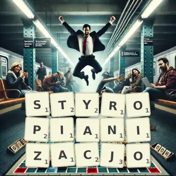 Kreatywna ilustracja do gry w Scrabble ze słowem STYROPIANIZACJO ułożonym z płytek na planszy.