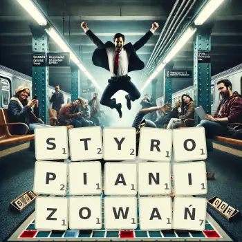 Kreatywna ilustracja do gry w Scrabble ze słowem STYROPIANIZOWAŃ ułożonym z płytek na planszy.