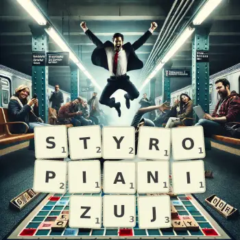 Kreatywna ilustracja do gry w Scrabble ze słowem STYROPIANIZUJ ułożonym z płytek na planszy.