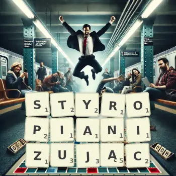 Kreatywna ilustracja do gry w Scrabble ze słowem STYROPIANIZUJĄC ułożonym z płytek na planszy.