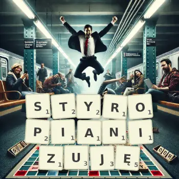 Kreatywna ilustracja do gry w Scrabble ze słowem STYROPIANIZUJĘ ułożonym z płytek na planszy.
