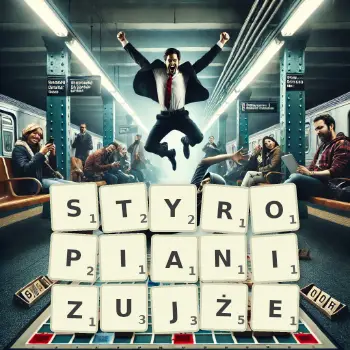 Kreatywna ilustracja do gry w Scrabble ze słowem STYROPIANIZUJŻE ułożonym z płytek na planszy.