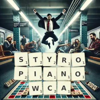 Kreatywna ilustracja do gry w Scrabble ze słowem STYROPIANOWCA ułożonym z płytek na planszy.