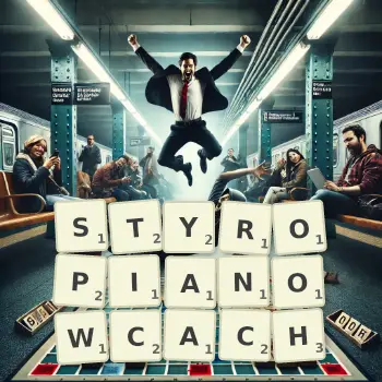 Kreatywna ilustracja do gry w Scrabble ze słowem STYROPIANOWCACH ułożonym z płytek na planszy.