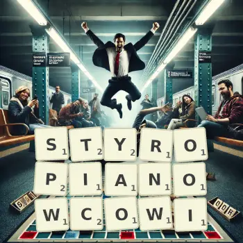 Kreatywna ilustracja do gry w Scrabble ze słowem STYROPIANOWCOWI ułożonym z płytek na planszy.