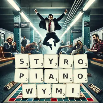 Kreatywna ilustracja do gry w Scrabble ze słowem STYROPIANOWYMI ułożonym z płytek na planszy.