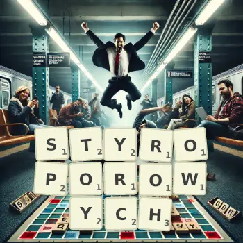 Kreatywna ilustracja do gry w Scrabble ze słowem STYROPOROWYCH ułożonym z płytek na planszy.