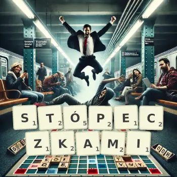 Kreatywna ilustracja do gry w Scrabble ze słowem STÓPECZKAMI ułożonym z płytek na planszy.